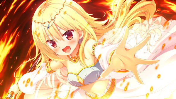 Anime picture 2560x1440 with yomegami my sweet goddess! narukawa iris hisama kumako single long hair looking at viewer blush fringe highres open mouth blonde hair hair between eyes red eyes wide image bare shoulders game cg traditional clothes bare belly loli spread arms