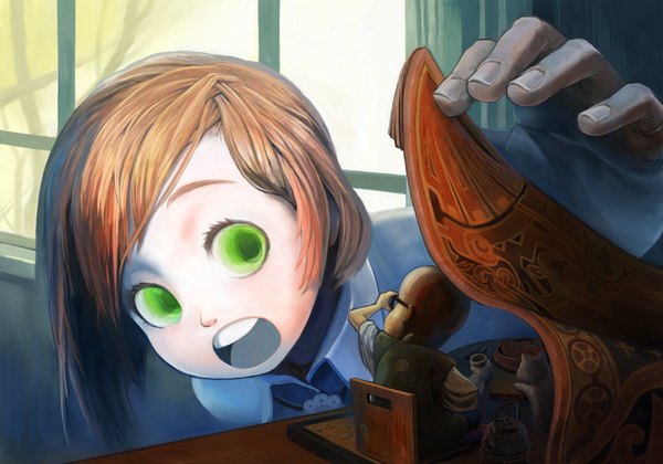 Аниме картинка 1428x1000 с оригинальное изображение kousaku короткие волосы открытый рот каштановые волосы зелёные глаза лысый девушка мужчина очки окно