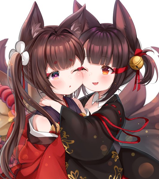 Anime picture 1320x1488 with azur lane akagi-chan (azur lane) amagi-chan (azur lane) yukini (yuki2maru) long hair tall image fringe short hair open mouth simple background brown hair white background purple eyes twintails multiple girls brown eyes animal ears payot tail blunt bangs