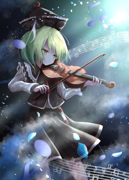 Anime picture 1036x1449 with touhou lunasa prismriver kayon (touzoku) single tall image short hair green eyes looking away green hair playing instrument girl hat petals musical instrument musical note violin bow (instrument)