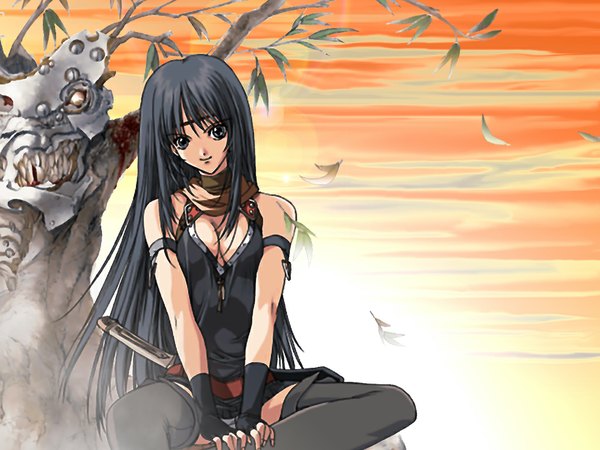 Anime picture 1024x768 with guren tsukikage (guren) am-dvl single long hair looking at viewer breasts black hair smile sitting cleavage black eyes third-party edit cropped girl gloves weapon boots fingerless gloves leaf (leaves)