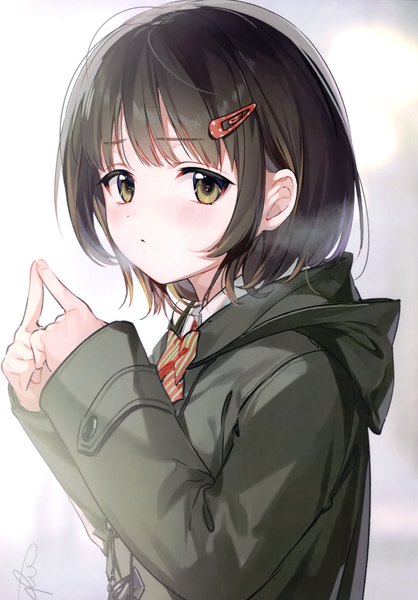 Anime picture 2097x3011 with original almic single tall image looking at viewer blush fringe highres short hair black hair brown eyes signed upper body blunt bangs long sleeves blurry scan depth of field exhalation fingers together