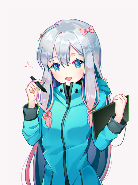 Anime picture 800x1066 with eromanga sensei a-1 pictures izumi sagiri ggomddak single long hair tall image looking at viewer blush fringe open mouth blue eyes simple background hair between eyes silver hair upper body girl bow hair bow jacket