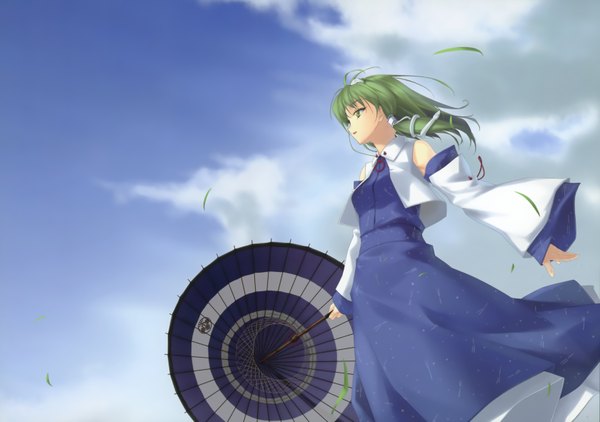 Anime picture 3358x2364 with touhou kochiya sanae rokuwata tomoe single highres short hair green eyes absurdres sky green hair wind wallpaper girl detached sleeves animal umbrella snake