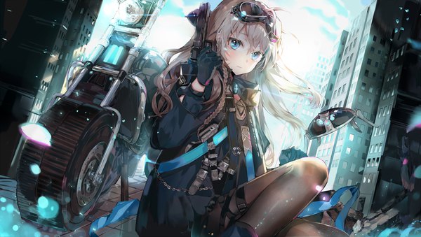 Anime picture 1766x1000 with iron saga b rock single long hair looking at viewer blush fringe highres blue eyes hair between eyes brown hair wide image holding braid (braids) wind city side braid goggles on head girl gloves