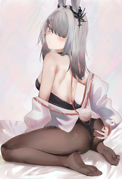 Anime picture 3200x4700 with arknights frostnova (arknights) ru zhai single long hair tall image looking at viewer blush fringe highres breasts light erotic simple background sitting animal ears absurdres full body bent knee (knees) ass tail