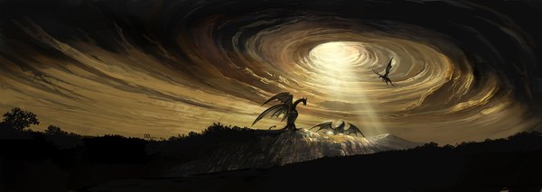 Anime picture 1500x534 with original quarterly pixiv 8 seifuku mugon wide image sky cloud (clouds) sunlight flying no people landscape fantasy dragon