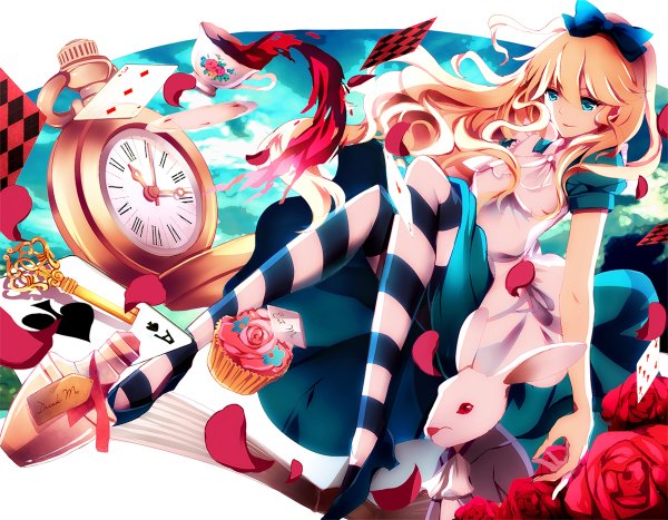 Anime picture 1200x934 with alice in wonderland alice (wonderland) rhea long hair blue eyes blonde hair girl dress flower (flowers) bow hair bow animal petals pantyhose rose (roses) clock cup bunny pocket watch striped pantyhose