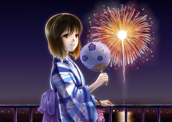 Anime-Bild 3508x2480 mit idolmaster hagiwara yukiho kurihara kenshiro single fringe highres short hair breasts open mouth smile brown hair standing holding brown eyes looking away absurdres upper body outdoors traditional clothes japanese clothes