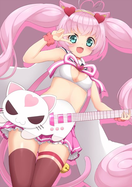 Anime picture 716x1010 with show by rock!! studio bones rosia (show by rock!!) jampen single tall image looking at viewer blush breasts open mouth light erotic simple background twintails animal ears pink hair ahoge tail very long hair :d animal tail
