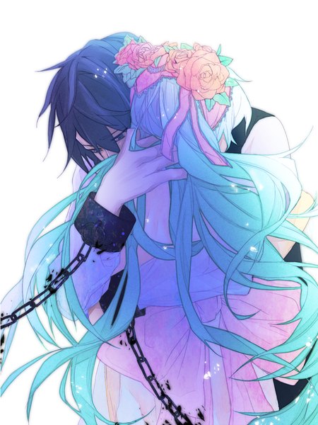 Anime picture 735x980 with judgement of corruption vocaloid hatsune miku kaito (vocaloid) bacchus-kaito long hair tall image short hair simple background white background blue hair hair flower from behind aqua hair hug looking down girl dress boy hair ornament
