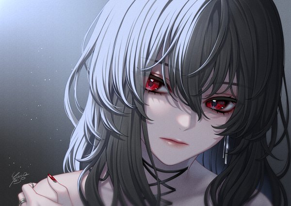 Anime picture 1200x850 with original ca yu single long hair fringe simple background hair between eyes red eyes signed looking away upper body nail polish grey hair grey background piercing red nail polish nail art hand on shoulder girl earrings