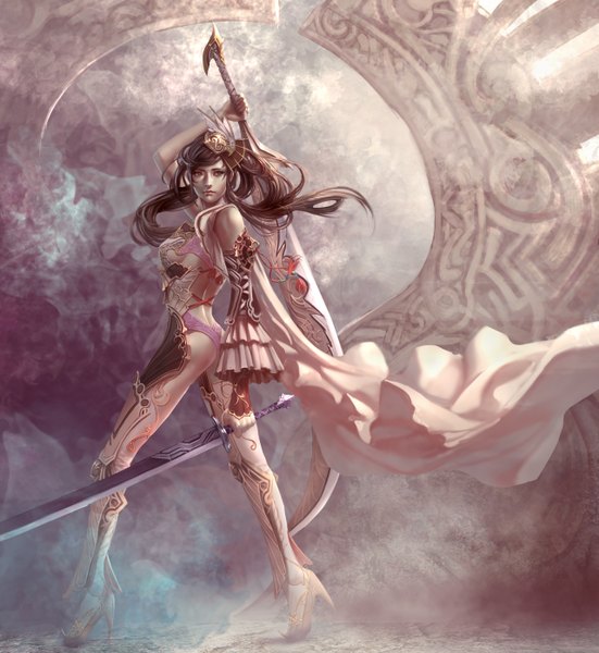 Anime picture 2564x2792 with xiaobotong single long hair tall image highres light erotic brown hair brown eyes looking away realistic girl hair ornament weapon detached sleeves sword armor huge weapon huge sword
