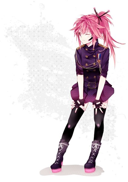 Anime picture 624x882 with vocaloid cul hatsuko single long hair tall image white background looking away pink hair ponytail one eye closed pink eyes shadow girl thighhighs gloves uniform black thighhighs fingerless gloves military uniform
