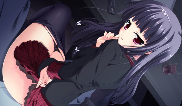 Anime picture 1024x600 with imouto paradise! nanase michika long hair light erotic black hair wide image game cg pink eyes panty pull upskirt pantyhose pull girl underwear panties pantyhose serafuku