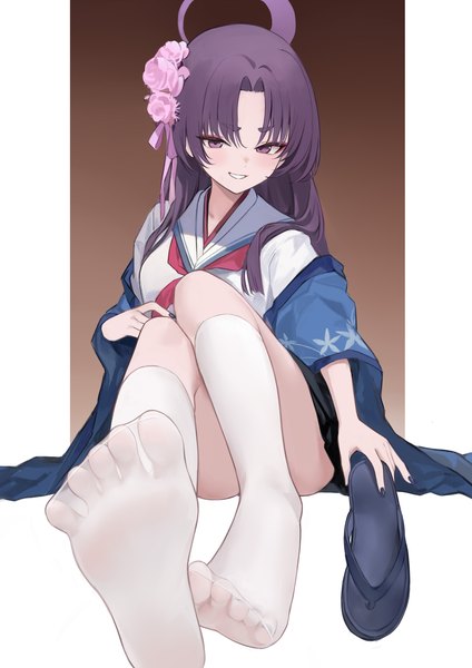 Anime picture 2480x3508 with blue archive yukari (blue archive) nagata gata single long hair tall image looking at viewer highres light erotic sitting purple eyes purple hair hair flower no shoes shoes removed convenient leg girl uniform flower (flowers) socks