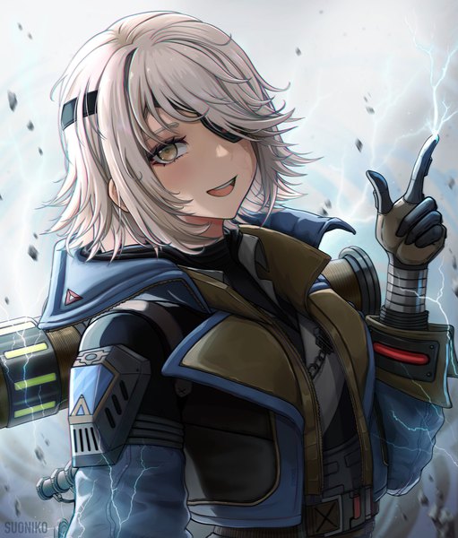 Anime picture 1920x2255 with apex legends wattson (apex legends) suoniko single tall image looking at viewer blush fringe highres short hair open mouth smile signed yellow eyes upper body white hair :d arm up hair over one eye open jacket