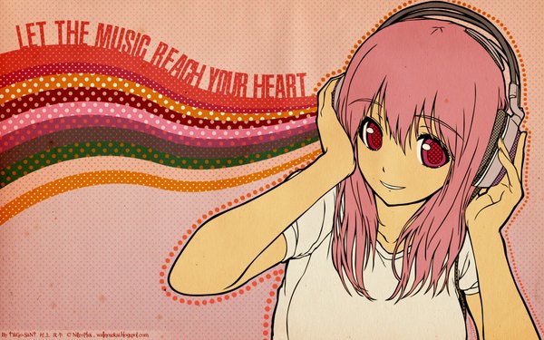 Anime picture 1920x1200 with nitroplus highres wide image signed pink hair watermark headphones