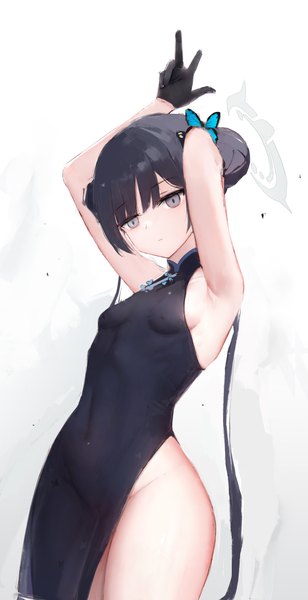 Anime picture 2530x4932 with blue archive kisaki (blue archive) hxhln single long hair tall image fringe highres breasts light erotic simple background twintails looking away blunt bangs traditional clothes arms up armpit (armpits) grey eyes sleeveless thighs