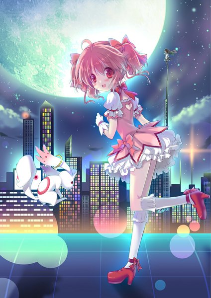 Anime picture 800x1132 with mahou shoujo madoka magica shaft (studio) akemi homura kaname madoka kyuubee ratise tall image looking at viewer blush short hair open mouth red eyes multiple girls pink hair cloud (clouds) night city lights girl dress gloves