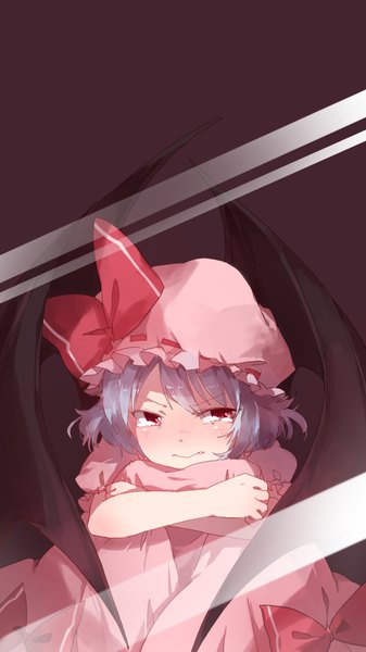 Anime picture 720x1280 with touhou remilia scarlet mikuru rumisora single tall image blush short hair simple background red eyes sitting looking away tears crying against glass girl wings bonnet