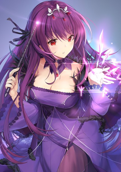 Anime picture 1767x2500 with fate (series) fate/grand order scathach (fate) (all) scathach skadi (fate) kagachi saku single tall image looking at viewer blush fringe highres breasts light erotic simple background hair between eyes red eyes large breasts bare shoulders holding cleavage