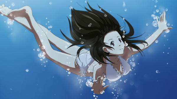 Anime-Bild 1370x768 mit hyouka kyoto animation chitanda eru minalos single long hair black hair wide image purple eyes underwater girl swimsuit bikini bubble (bubbles)