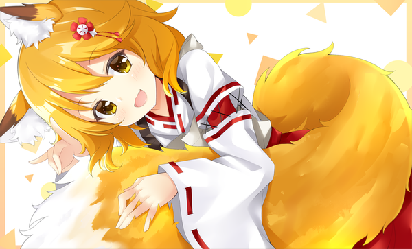 Anime picture 1112x673 with sewayaki kitsune no senko-san doga kobo senko (sewayaki kitsune no senko-san) maccha single looking at viewer blush fringe short hair open mouth blonde hair hair between eyes wide image animal ears yellow eyes tail traditional clothes :d japanese clothes animal tail