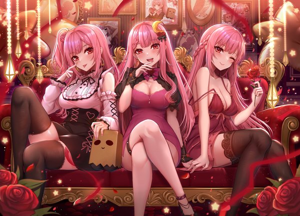 Anime picture 5346x3857 with virtual youtuber indie virtual youtuber tagme (character) hoshime (vtuber) gu li long hair looking at viewer blush highres breasts open mouth light erotic smile red eyes large breasts sitting bare shoulders multiple girls holding pink hair