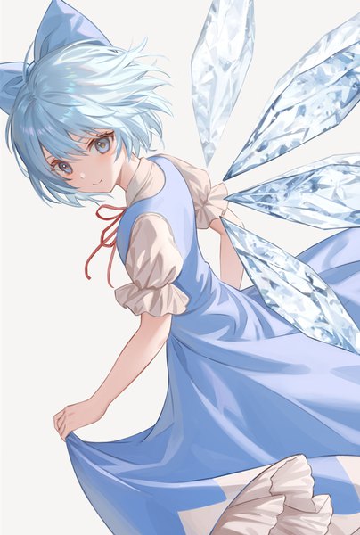 Anime picture 570x847 with touhou cirno mutugi single tall image fringe short hair blue eyes simple background smile hair between eyes white background blue hair ahoge from above puffy sleeves girl dress bow hair bow