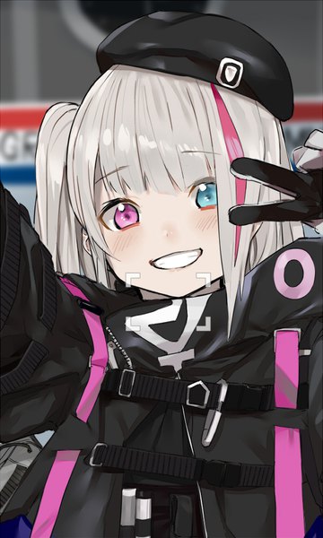 Anime picture 600x999 with girls frontline mdr (girls frontline) pinch (nesume) single long hair tall image looking at viewer blush fringe blue eyes smile silver hair upper body blunt bangs long sleeves pink eyes multicolored hair two-tone hair streaked hair heterochromia