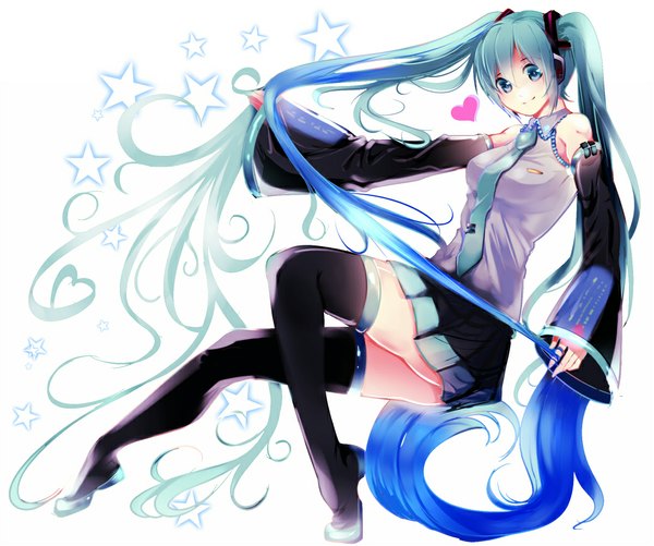 Anime picture 1040x869 with vocaloid hatsune miku aaru single looking at viewer smile white background twintails very long hair aqua eyes aqua hair girl thighhighs skirt hair ornament black thighhighs detached sleeves necktie heart headphones