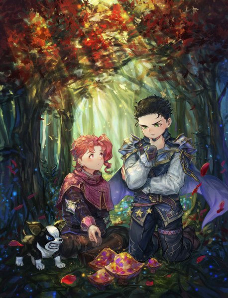 Anime picture 900x1180 with jojo no kimyou na bouken kujo jotaro kakyoin noriaki iggy (jojo) kankito tall image blush fringe short hair open mouth black hair sitting green eyes full body bent knee (knees) outdoors red hair pink eyes sunlight multiple boys