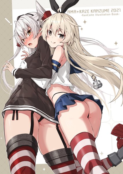 Anime picture 992x1400 with kantai collection shimakaze destroyer amatsukaze destroyer takanashi kei (hitsujikan) long hair tall image looking at viewer blush fringe breasts open mouth light erotic simple background blonde hair hair between eyes standing bare shoulders multiple girls brown eyes silver hair
