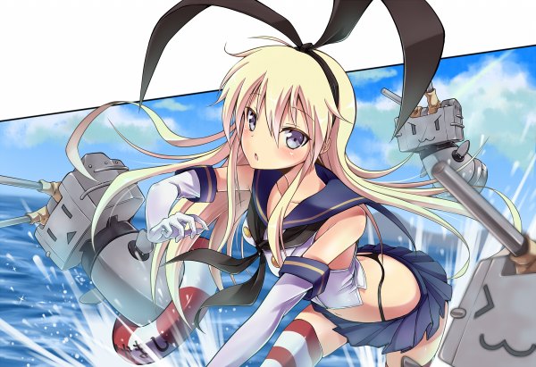 Anime picture 1200x822 with kantai collection shimakaze destroyer rensouhou-chan kakao rantan long hair looking at viewer blush open mouth blue eyes blonde hair :3 > < girl thighhighs gloves bow weapon hair bow miniskirt water
