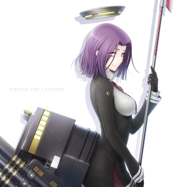 Anime picture 1200x1200 with kantai collection tatsuta light cruiser misawa k single looking at viewer short hair simple background white background purple eyes purple hair girl dress gloves weapon