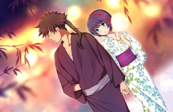 Anime picture 1500x979 with kuromukuro p.a. works shirahane yukina ouma kennosuke tokisada nasunasu net long hair blush short hair blue eyes brown hair purple hair outdoors ponytail eyes closed traditional clothes japanese clothes profile dutch angle couple holding hands