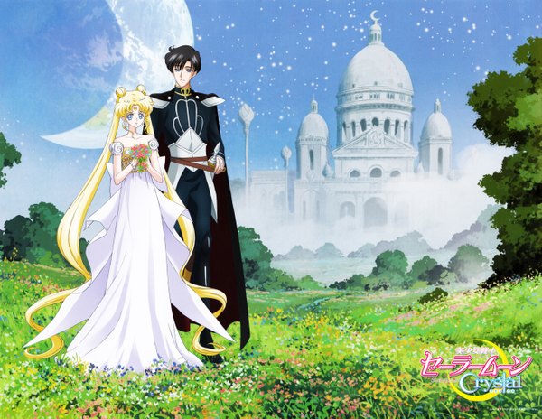 Anime picture 5426x4203 with bishoujo senshi sailor moon toei animation princess serenity prince endymion long hair highres short hair blue eyes black hair blonde hair smile standing twintails absurdres sky very long hair light smile scan official art hair bun (hair buns)