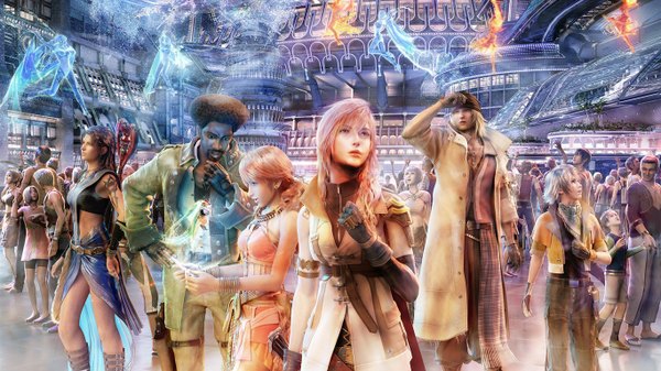 Anime picture 1366x768 with final fantasy xiii lightning farron long hair short hair black hair blonde hair wide image multiple girls pink hair silver hair realistic multiple boys tattoo dark skin girl boy gloves earrings pendant cap