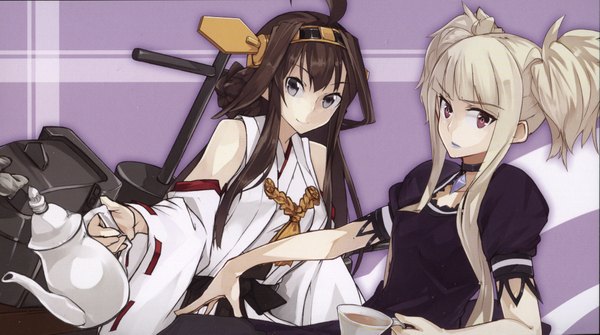 Anime picture 4239x2369 with kantai collection aoki hagane no arpeggio kongou battleship kongou (aoki hagane no arpeggio) konishi (koconatu) long hair looking at viewer highres simple background blonde hair smile brown hair wide image purple eyes twintails multiple girls absurdres traditional clothes japanese clothes scan