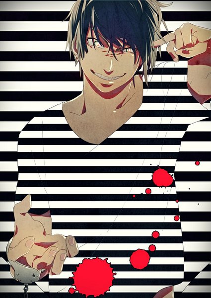 Anime picture 737x1040 with original keishi single tall image looking at viewer fringe short hair smile yellow eyes teeth striped dark hair striped background animal eyes boy earrings jewelry t-shirt handcuffs