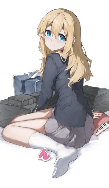 Anime picture 2045x3534 with k-on! kyoto animation kotobuki tsumugi sentter single long hair tall image looking at viewer fringe highres blue eyes simple background blonde hair smile hair between eyes white background sitting full body long sleeves pleated skirt
