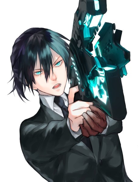 Anime picture 1636x2146 with psycho-pass production i.g nobuchika ginoza yokuni (yokunill001121) single tall image fringe short hair open mouth black hair simple background hair between eyes white background ponytail aqua eyes formal boy weapon necktie single glove