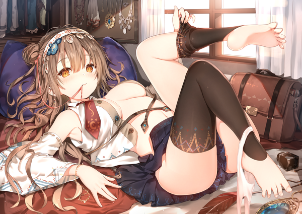 Anime picture 8473x6000 with original sune (mugendai) single long hair looking at viewer blush fringe highres breasts light erotic hair between eyes brown hair holding yellow eyes absurdres ass indoors lying pleated skirt barefoot