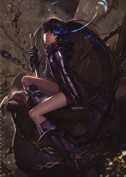 Anime picture 2511x3515 with black rock shooter black rock shooter (character) alphonse (white datura) single long hair tall image highres blue eyes black hair twintails legs glowing glowing eye (eyes) girl gloves sword katana star (symbol) thigh boots chain