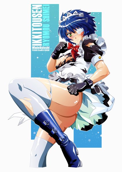 Anime picture 2658x3760 with ikkitousen ryomou shimei isshi single tall image highres short hair light erotic green eyes blue hair inscription maid torn clothes girl thighhighs gloves white thighhighs headdress bowtie maid headdress