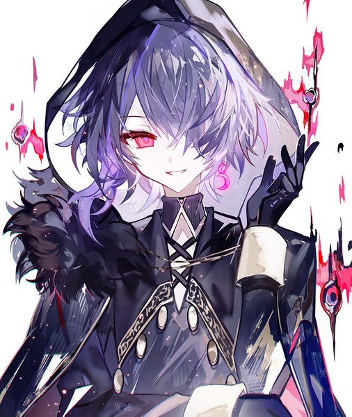 Anime picture 1000x1186 with original juexing (moemoe3345) single tall image fringe short hair simple background smile white background purple eyes purple hair upper body hair over one eye grin boy gloves black gloves hood single earring moon (symbol)