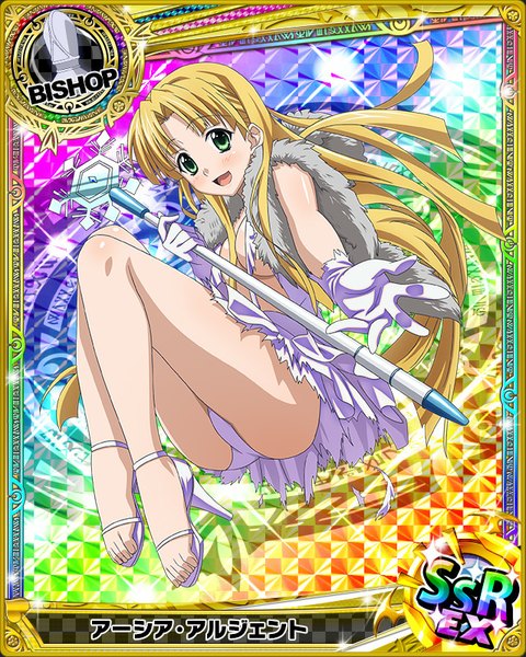 Anime picture 640x800 with highschool dxd asia argento single long hair tall image looking at viewer blush open mouth light erotic blonde hair green eyes torn clothes card (medium) girl dress gloves underwear panties elbow gloves white gloves