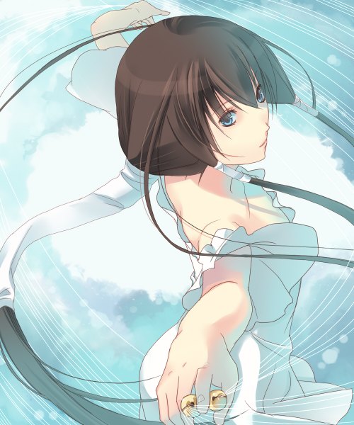 Anime picture 1000x1200 with getbackers studio deen fuuchouin kazuki hirai chika single long hair tall image blue eyes black hair standing twintails bare shoulders cloud (clouds) ponytail flat chest dress boy ribbon (ribbons) hair ribbon white dress