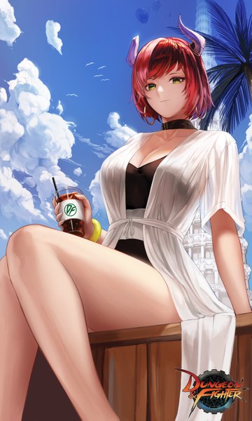 Anime picture 3543x5906 with dungeon and fighter monaim single tall image looking at viewer fringe highres short hair breasts light erotic large breasts holding green eyes absurdres sky cleavage cloud (clouds) outdoors red hair blunt bangs